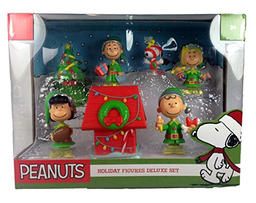 0886144197413 - PEANUTS HOLIDAY FIGURES DELUXE SET: RED DOG HOUSE, LUCY W/ FOOTBALL, CHRISTMAS TREE, GIFT WRAP SNOOPY