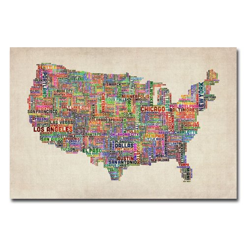 0886511168220 - TRADEMARK FINE ART US CITIES TEXT MAP VI BY MICHAEL TOMPSETT CANVAS WALL ART, 30X47-INCH