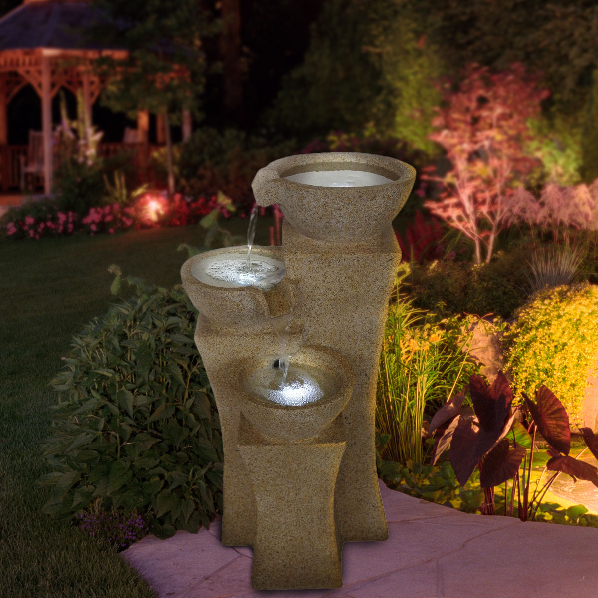 0886511284401 - CASCADE BOWLS FOUNTAIN WITH LED LIGHTS