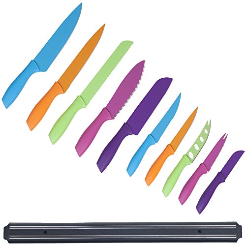 0886511527478 - CLASSIC CUISINE 10-PIECE KNIFE SET WITH MAGNETIC KNIFE BAR, MULTICOLOR