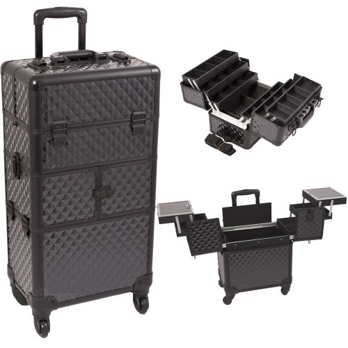 0886696857346 - 30.5 INCH 360 DEGREE ROTATING WHEELS ROLLING 2 IN 1 BLACK DIAMOND TEXTURED TRAVEL PROFESSIONAL MAKEUP TROLLEY W/ EXTENDABLE TRAYS
