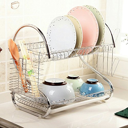 0886961026170 - 2-TIER CHROME DISH DRYING RACK AND DRAINBOARD, KITCHEN DISH CUP DRYING RACK DRAINER DRYER TRAY CULTERY HOLDER ORGANIZER 15.74 X 14.57 X 9.84