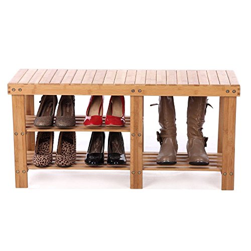 0886961028679 - BAMBOO STOOL SHOE RACK FOR WOMEN 90CM STRIP PATTERN TIERS WITH BOOTS COMPARTMENT PACKING SHELVES