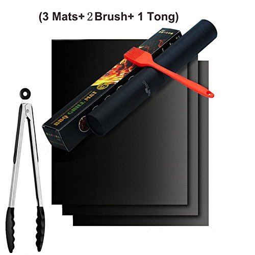 0886961028792 - BBQ GRILL MATS WITH ROASTING TONGS BY U-MISS, NON-STICK AND HEAT RESISTANT MATS WITH WITH 2 FREE SILICONE BRUSH FOR CHARCOAL, ELECTRIC AND GAS GRILL FDA-APPROVED, PFOA FREE (3 PACK)
