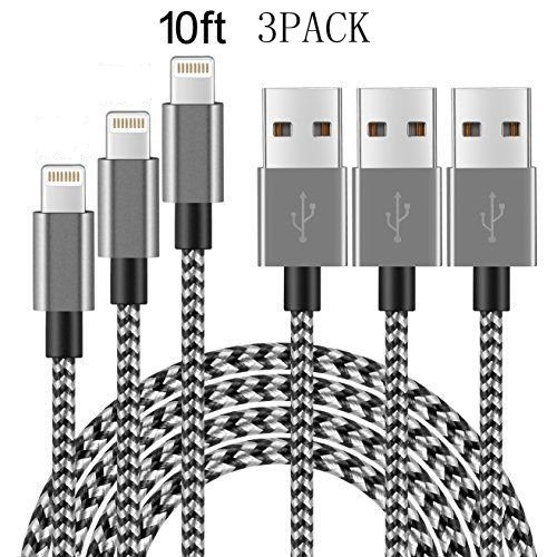 0886961029119 - IPHONE LIGHTNING CABLE 10FT BRAIDED CORD LIGHTNING CHARGER TO USB CHARGING CHARGER FOR IPHONE 7,7 PLUS,6S,6,SE,5S,5,IPAD,IPOD NANO 7 - SILVER GREY 3PACK