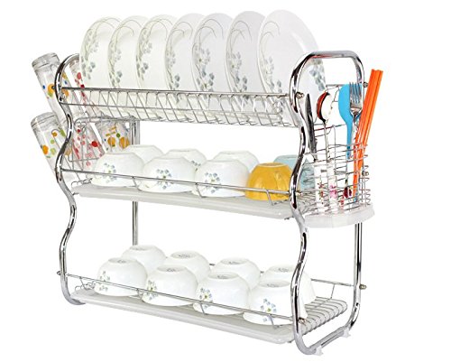 0886961035943 - 3-TIER DISH DRAINER DRYING RACK AND DRAINBOARD, KITCHEN CHROME RUSTPROOF DISH CUP DRYING RACK DRAINER DRYER TRAY CULTERY HOLDER ORGANIZER 21.65 X 20 X 9.25