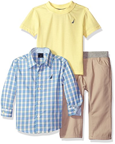 0887346180555 - NAUTICA BABY BOYS' LONG PLAID BUTTON DOWN SHIRT, SHORT SLEEVE TEE AND PULL-ON TWILL PANT SET, LIGHT YELLOW, 24 MONTHS