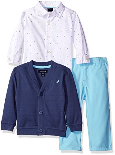 0887346203643 - NAUTICA BABY BOYS' LONG SLEEVE BUTTON DOWN SHIRT, CARDIGAN, FLAT FRONT PANT SET, INK, 24 MONTHS