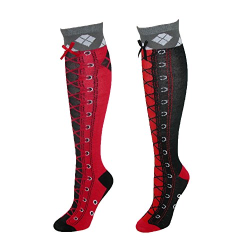 0887439934614 - DC COMICS HARLEY QUINN FAUX LACE UP KNEE HIGH BOOT SOCKS WITH CUFF MULTI COLOR ONE SIZE