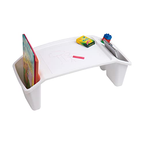 0887530084881 - MIND READER SPROUT COLLECTION, PORTABLE DESK, BREAKFAST TRAY, LAPTOP DESK, SIDE STORAGE POCKETS WITH 3 COMPARTMENTS FOR TOYS, COLORING BOOKS, TABLETS, BOOKS, GAMES AND SNACKS, WHITE
