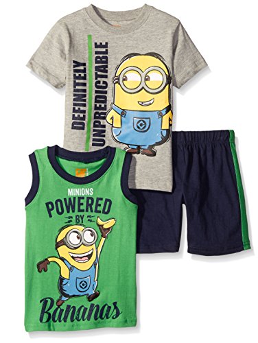 0887847841337 - UNIVERSAL LITTLE BOYS 3 PIECE MINIONS T-SHIRT MUSCLE TEE AND SHORTS SET, GREY/GREEN, 5