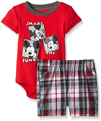 0887847867344 - BABY 2 PIECE MICKEY SMART FUNNY AND SHY CREEPER AND PLAID SHORT RED 12 MONTHS