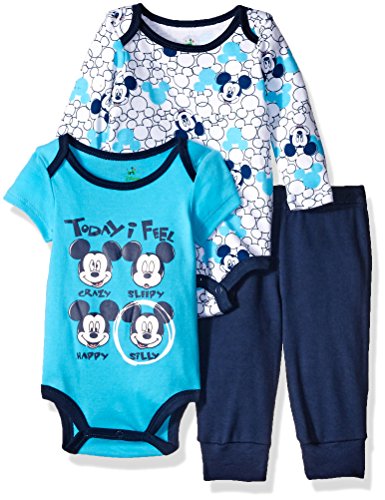 0887847990066 - DISNEY BABY BOYS' 3-PIECE 2 MICKEY MOUSE BODYSUITS WITH PANT SET, BLUE, 6/9 MONTHS
