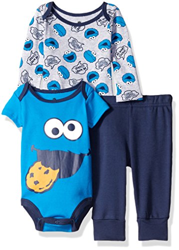 0887847990080 - SESAME STREET BABY BOYS' 3 PIECE COOKIE MONSTER 2 CREEPER PANT WITH A BUTT APPLIQUE, BLUE, 0-3 MONTHS
