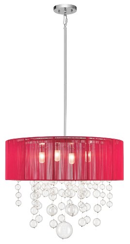 0887913832344 - ELAN LIGHTING 83234 IMBUIA 5LT PENDANT, CHROME FINISH AND RED STRING SHADE WITH CLEAR BLOWN CIRCLE GLASS ACCENTS