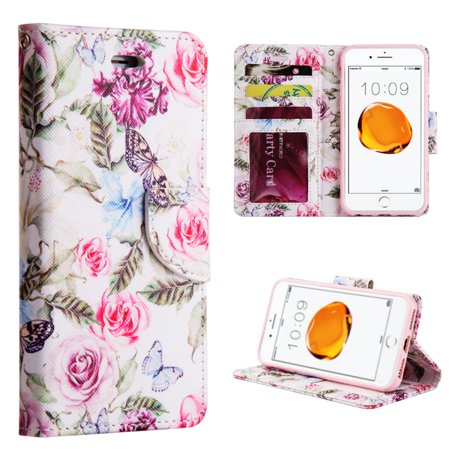 0887954247138 - INSTEN ROSE AROMA TRENDY LEATHER FLIP CREDIT CARD WALLET STAND CASE FOR APPLE IPHONE 8 PLUS / IPHONE 7 PLUS - WHITE/PURPLE