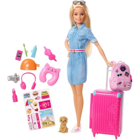 0887961683820 - BARBIE DOLL AND TRAVEL SET WITH PUPPY, LUGGAGE & 10+ ACCESSORIES