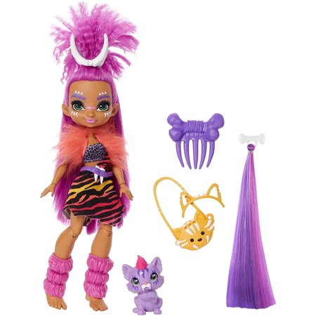 0887961873436 - MATTEL CAVE CLUB ROARALAI DOLL (10-INCH, PURPLE HAIR) POSEABLE PREHISTORIC FASHION DOLL WITH DINOSAUR PET AND ACCESSORIES, GIFT FOR 4 YEAR OLDS AND UP