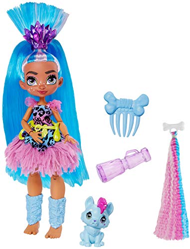 0887961873474 - MATTEL CAVE CLUB TELLA DOLL (10-INCH, BLUE HAIR) POSEABLE PREHISTORIC FASHION DOLL WITH DINOSAUR PET AND ACCESSORIES, GIFT FOR 4 YEAR OLDS AND UP