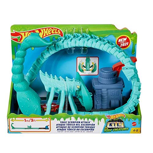 0887961920635 - HOT WHEELS TOXIC SCORPION ATTACK PLAY SET FOR KIDS 4 TO 8 YEARS OLD WITH ONE 1:64 HOT WHEELS CAR, NEMESIS HAS MOVING CLAWS CHALLENGE & THE LOOP TAIL CAN UNROLL INTO A STRAIGHT TRACK