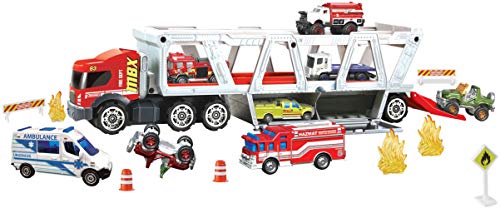 0887961942736 - MATCHBOX FIRE RESCUE HAULER PLAYSET THEMED HAULER WITH 1 FIRE-THEMED VEHICLE, HOLDS 16 CARS, EASY-RELEASE RAMP, 8 ACCESSORIES & STORAGE, FOR KIDS 3 YEARS OLD & UP