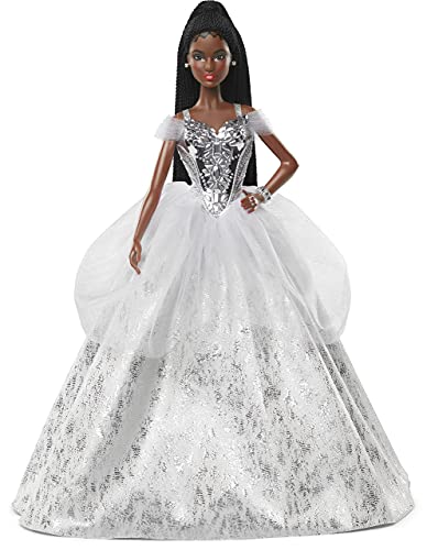 0887961959222 - BARBIE SIGNATURE 2021 HOLIDAY DOLL (12-INCH, BRUNETTE BRAIDED HAIR) IN SILVER GOWN, WITH DOLL STAND AND CERTIFICATE OF AUTHENTICITY, GIFT FOR 6 YEAR OLDS AND UP