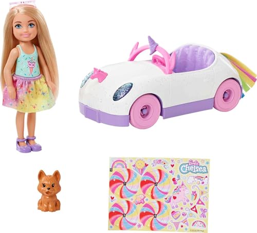 0887961961997 - BARBIE CHELSEA DOLL & UNICORN TOY CAR, BLONDE SMALL DOLL IN REMOVABLE SKIRT, PET PUPPY, STICKER SHEET & ACCESSORIES