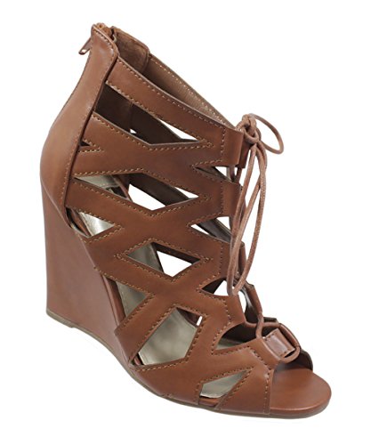 0888125484413 - YOKI SHOES DONYA WOMENS LACE-UP CUT OUT WEDGES WITH OPEN TOE AND STICHED DETAIL- RUST