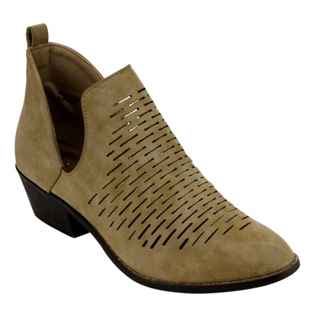 0888125555267 - YOKI EC80 WOMEN'S SIDE SLIT LASER CUT OUT STACKED ANKLE BOOTIES, COLOR:BEIGE, SIZE:8.5