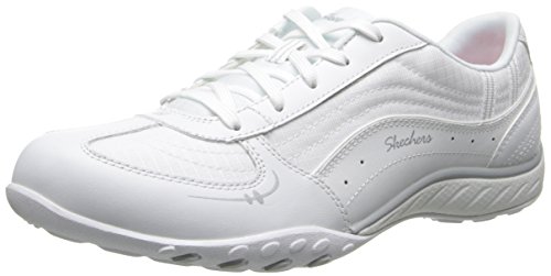 0888222001124 - SKECHERS WOMEN'S JUST RELAX FASHION SNEAKER, WHITE LEATHER/MESH/SILVER TRIM, 7 M US