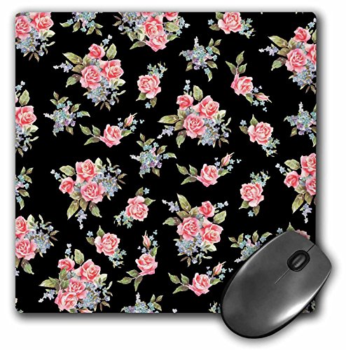 0888414199448 - 3DROSE LLC 8 X 8 X 0.25 INCHES MOUSE PAD, PINK ROSES AND BLUE FLOWERS ON ELEGANT BLACK PRETTY FEMININE VINTAGE FLORAL PATTERN GIRLY FLOWER (MP_120217_1)