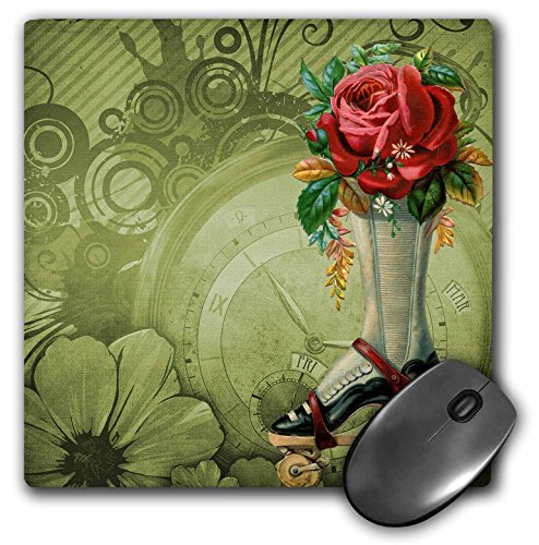 0888414264092 - 3DROSE LLC 8 X 8 X 0.25 INCHES MOUSE PAD, VINTAGE VICTORIAN STEAMPUNK ROLLER SKATE BOOT WITH RED ROSE CLOCK BACKGROUND (MP_102680_1)