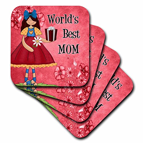 0888414602955 - 3DROSE CST_40744_1 WORLDS BEST MOM IN RED FOR MOTHERS DAY-SOFT COASTERS, SET OF 4