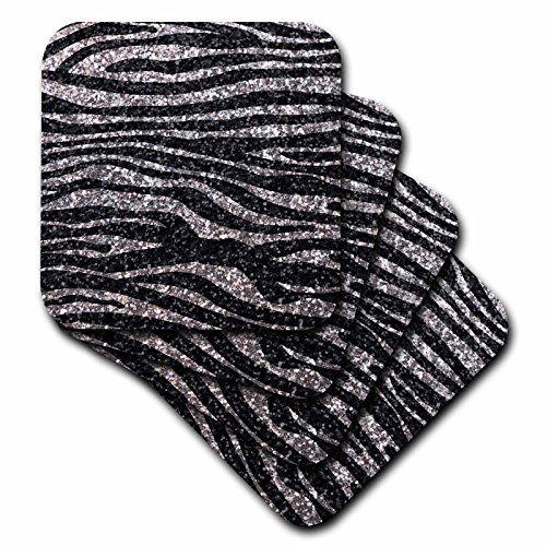 0888414605161 - 3DROSE CST_113176_1 SILVER AND BLACK ZEBRA PRINT FAUX BLING PHOTO NOT ACTUAL GLITTER-FANCY DIVA GIRLY SPARKLY SPARKLES-SOFT COASTERS, SET OF 4