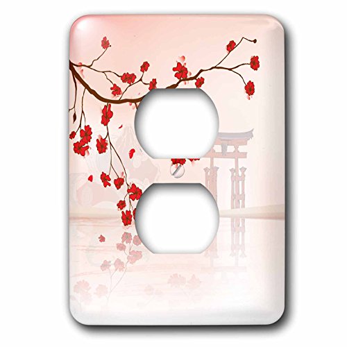 0888414995958 - 3DROSE DOONI DESIGNS ORIENTAL INSPIRED DESIGNS - BEAUTIFUL JAPANESE SAKURA RED CHERRY BLOSSOMS BRANCHING REFLECTING OVER WATER - LIGHT SWITCH COVERS - 2 PLUG OUTLET COVER (LSP_116168_6)