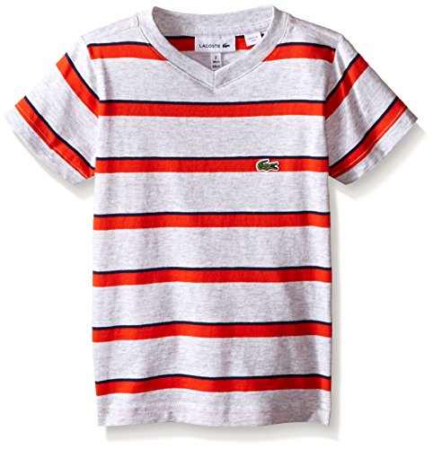 0888464842547 - LACOSTE BIG BOYS SHORT SLEEVE STRIPED JERSEY V-NECK T-SHIRT, DUST CHINE/ETNA RED
