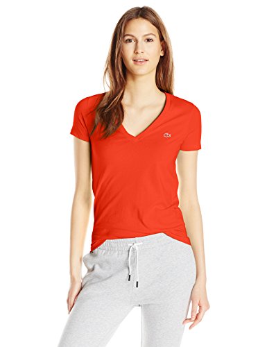 0888464904153 - LACOSTE WOMEN'S SHORT SLEEVE COTTON JERSEY V-NECK T-SHIRT, LUST RED, 42