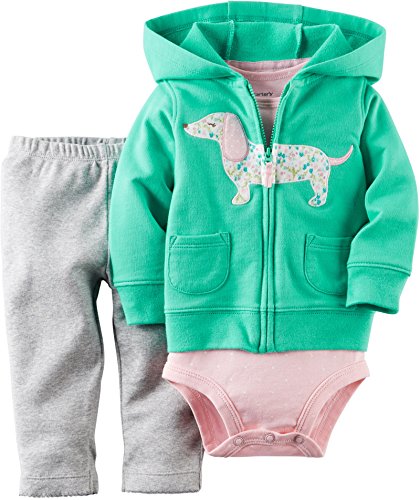 0888510839316 - CARTER'S BABY GIRLS' 3-PIECE HOODED CARDIGAN SET (9 MONTHS, TURQUOISE/DOG)