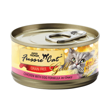 0888641130856 - FUSSIE CAT GOLD SUPER PREMIUM GRAIN FREE CHICKEN WITH EGG IN GRAVY CANNED CAT FOOD 2.8 OZ (24 CAN CASE)