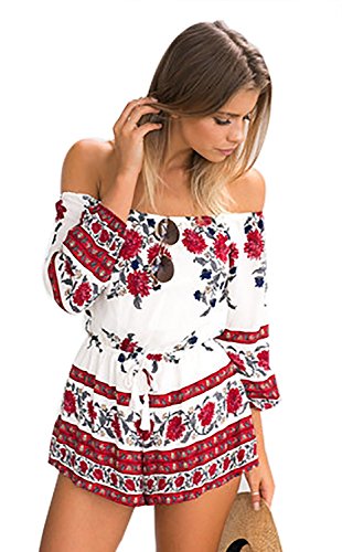 8886655065609 - WOMENS SEXY FLORAL PRINTED OFF SHOULDER SLASH NECK PLAYSUIT ROMPERS JUMPSUITS S