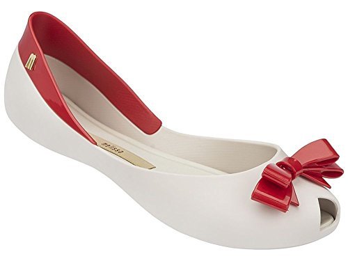 0888731017081 - MELISSA WOMEN'S QUEEN BEIGE RED BOW-TOPPED FLAT - 9 B(M) US