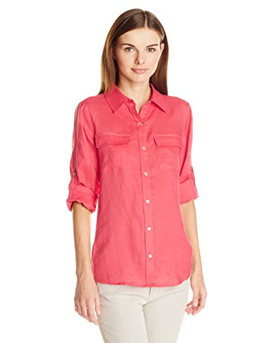 0888738626941 - CALVIN KLEIN WOMEN'S MODERN ESSENTIAL LINEN ROLL SLEEVE BLOUSE WITH KNIT INSET, WATERMELON, SMALL