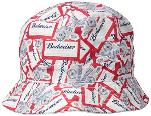 0888783533492 - BUDWEISER MEN'S REVERSIBLE SOLID TO ALL OVER PRINT BUCKET HAT, WHITE, ONE SIZE