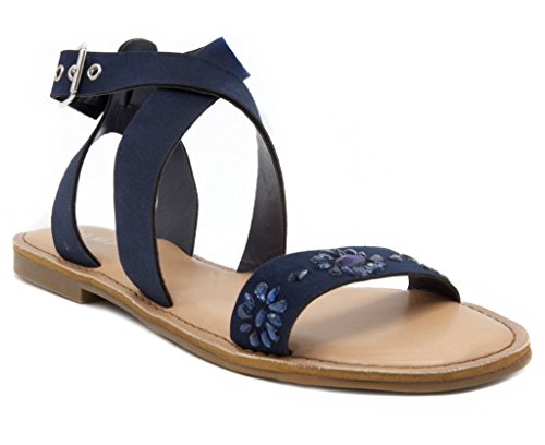 0888833828189 - RAMPAGE WOMEN'S TERA2 STRAPPY FLAT OPEN TOE SANDAL WITH GEM STONES 11 NAVY