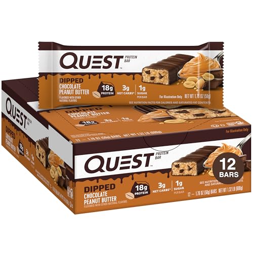 0888849013968 - QUEST NUTRITION DIPPED CHOCOLATE PEANUT BUTTER PROTEIN BARS, HIGH PROTEIN, LOW CARB, GLUTEN FREE, KETO FRIENDLY, 12 COUNT