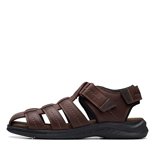 0889002920543 - CLARKS MENS WALKFORD FISH FLAT SANDAL, BROWN TUMBLED LEATHER, 9