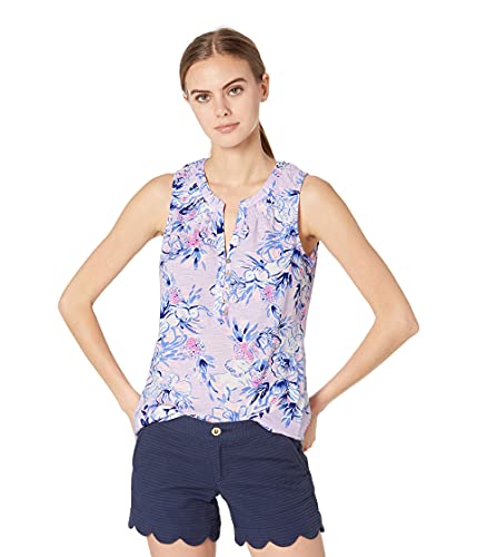 0889069603632 - LILLY PULITZER WOMENS BRA-FRIENDLY, SLEEVELESS TOP WITH SMOCKED NECKLINE, LILAC VERBANA TRUNKS IN THE AIR, M