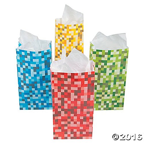 0889070143554 - SET OF 12 PAPER PIXEL TREAT BAGS BLUE RED GREEN AND YELLOW