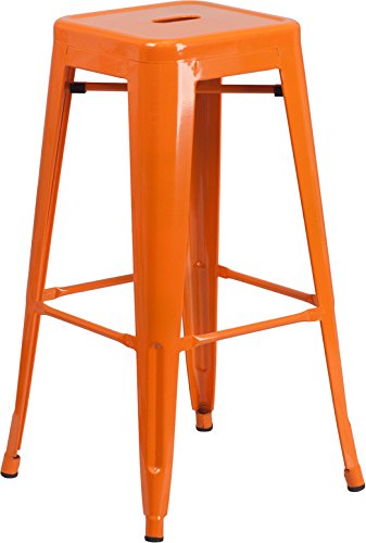 0889142002888 - 30'' HIGH BACKLESS ORANGE METAL INDOOR-OUTDOOR BARSTOOL WITH SQUARE SEAT