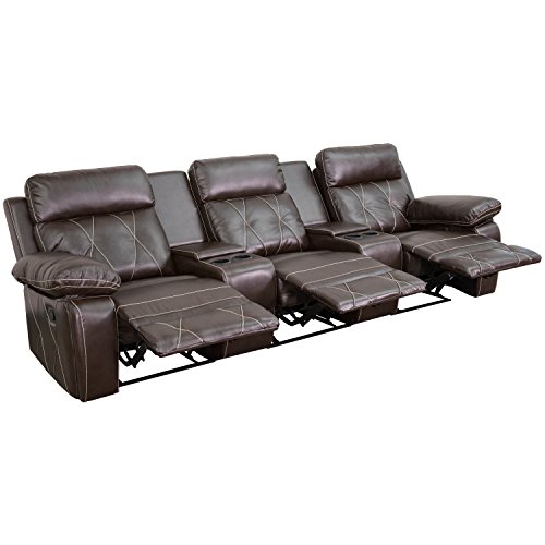 0889142010982 - FLASH FURNITURE 3 SEAT REAL COMFORT SERIES RECLINING LEATHER THEATER SEATING UNIT WITH STRAIGHT CUP HOLDERS, BROWN